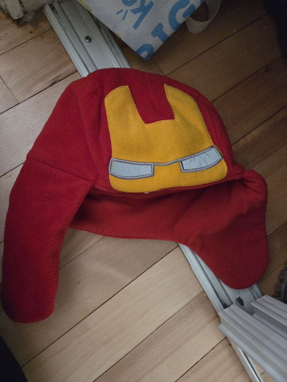Kids Red Iron Man Fleece Hat with Yellow Mask Design